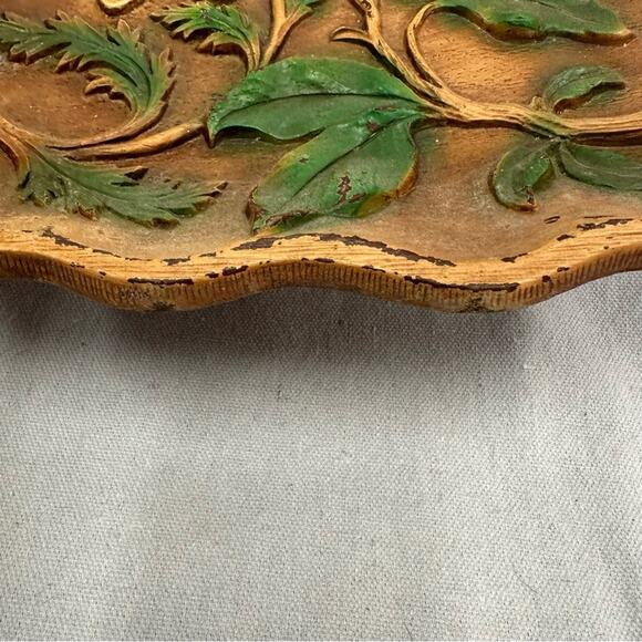 Vintage MCM scalloped wood look serving tray with raised painted floral pattern - Picture 7 of 16